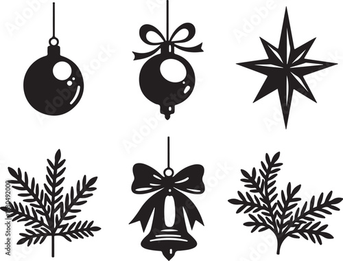 Festive Christmas ornaments and pine branches silhouette collection