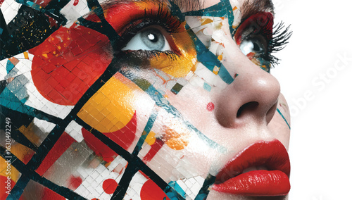 Colorful artistic expression on a womans face with vibrant red lips and captivating eyes creating a unique and creative portrait