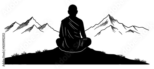 Monk Meditating Sitting on Hill in Mountain Silhouette View Black and White Outline Line Art Drawing