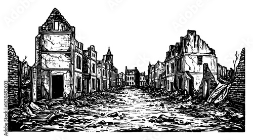 Empty Destroyed City Ruins After War Street View Black and White Outline Line Art Drawing