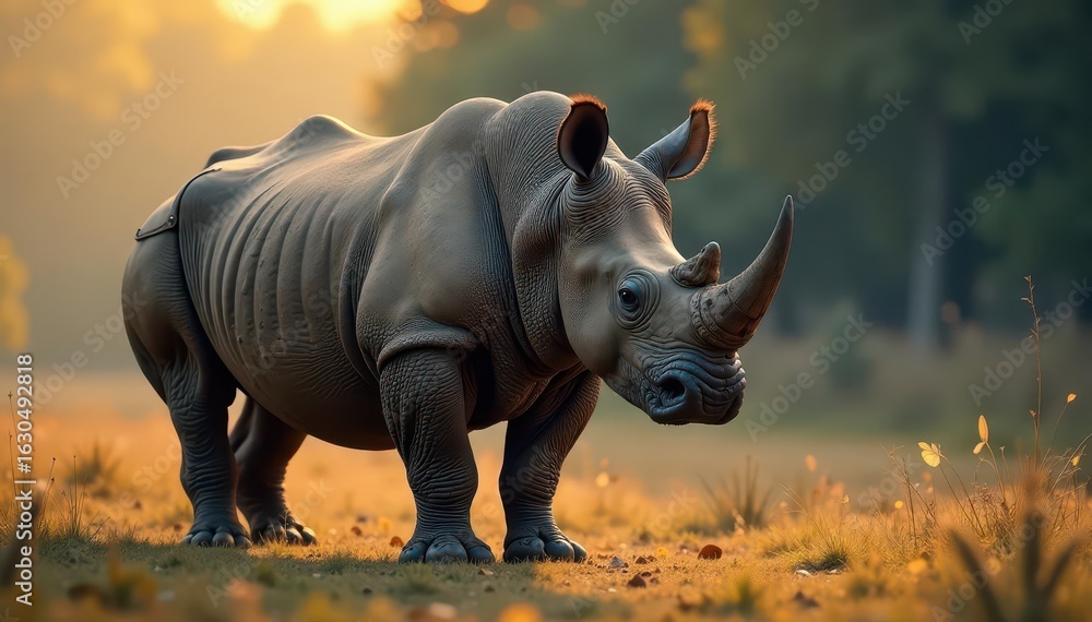 Obraz premium Rhino stands alone, horn sharp, eyes focused forward , nature, landscape, horn