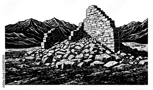 Ancient Rock Ruins or Heap of Stones with Majestic Mountains Landscape Black and White Outline Line Art Drawing