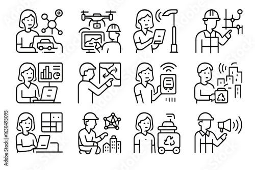 Illustrated icons of modern technology and industry concepts
