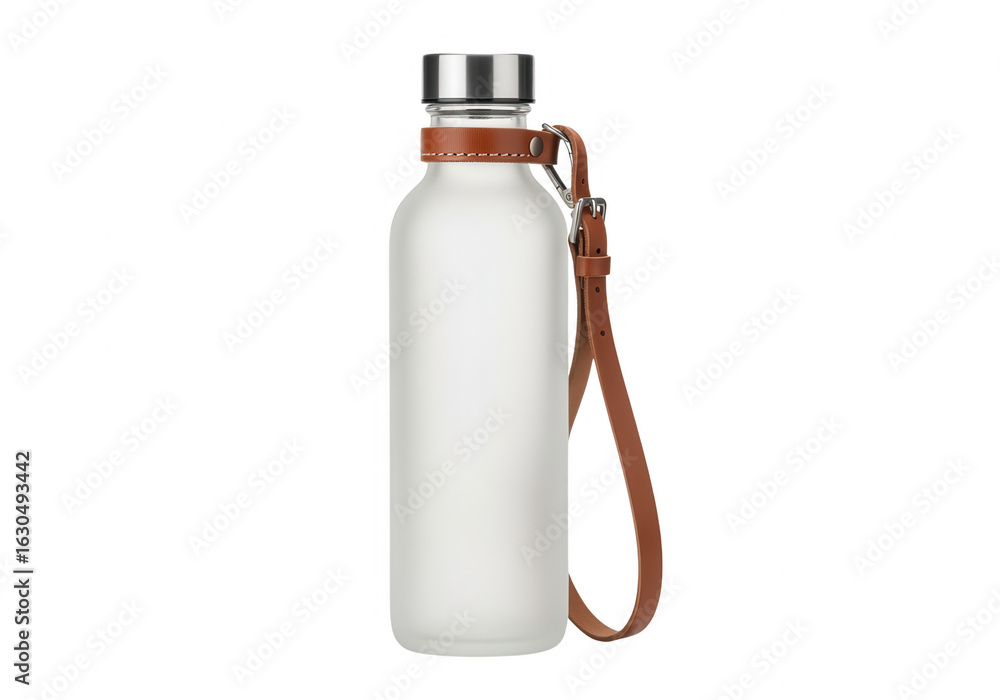 Obraz premium Modern Glass Water Bottle with Leather Strap Isolated on White