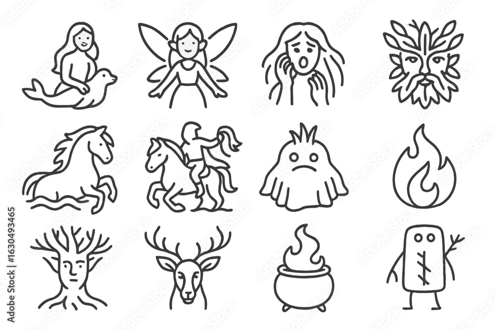 Fototapeta premium Whimsical mythical creature icons on dark background