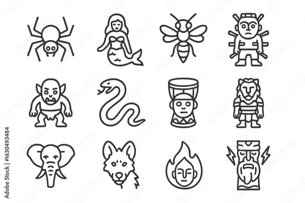 Fototapeta premium Mythical creatures icons - spider, mermaid, bee, goblin, snake, lion