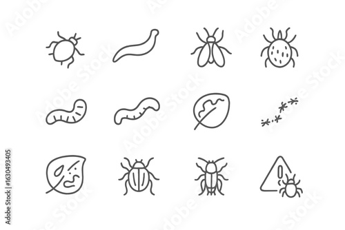 Pest control icons set: insects, bugs, worms, and preventive signs