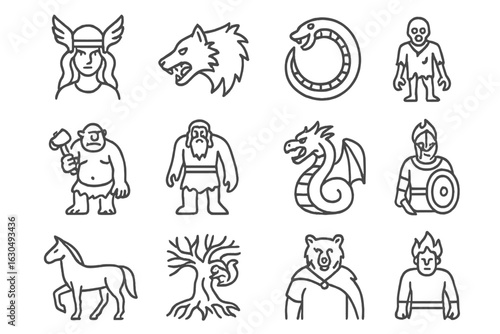 Norse mythology symbols: valkyrie, wolf, serpent, zombie, and more