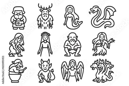 Collection of mythical creature icons: mermaid, dragon, ogre, witch, demon