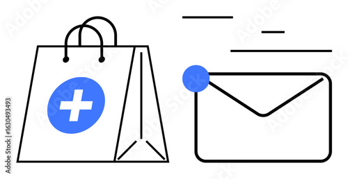 Shopping bag with medical cross and an email icon with notification dot, lines suggesting movement. Ideal for online shopping, healthcare communication, digital access, e-commerce, notifications