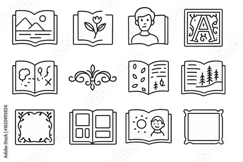 Collection of book icon designs with portraits and decorative elements