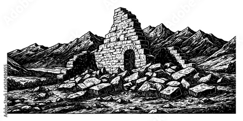 Ancient Rock Ruins Heap of Stones in Majestic Mountains Landscape Black and White Outline Line Art Drawing