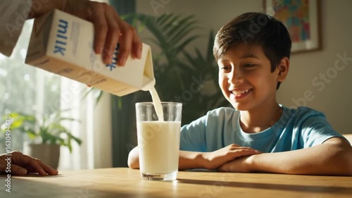A boy sits down to drink a glass of milk that his mother is pouring for him in the morning.