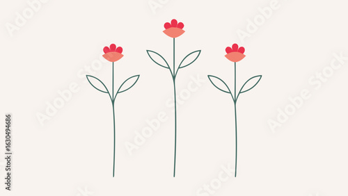 Three Dainty Wildflowers Coral Pink Blooms Teal Stems Minimalist Design