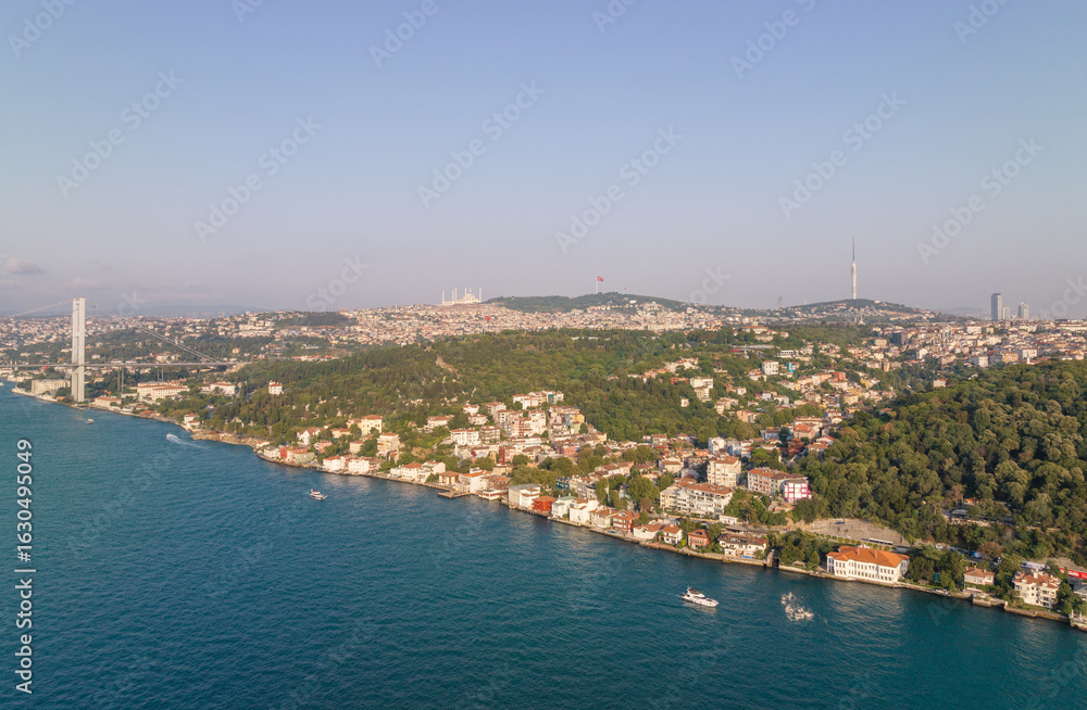 Fototapeta premium Aerial View of Coastal Istanbul Cityscape with Vibrant Architecture and Lush Greenery. Turkey