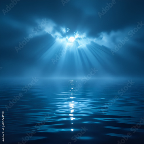 Mysterious blue ocean under dramatic sky with sunbeams breaking through clouds