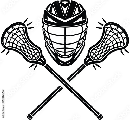 Monochrome vector graphic of essential lacrosse gear, featuring a protective helmet and crossed crosse sticks, perfect for a team logo, mascot design, or sporting event promotion.