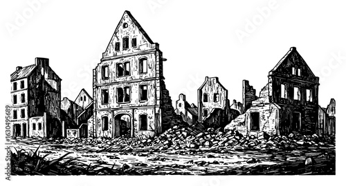 Illustration of Empty Destroyed City Ruins After War Landscape Black and White Outline Line Art Drawing