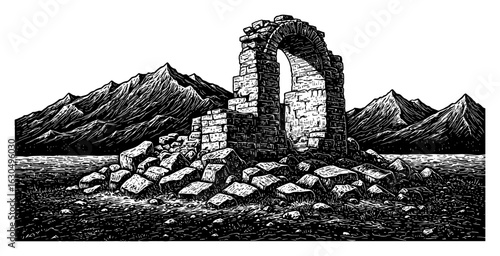 Ancient Rock Ruins or Heap of Stones with Mountains Landscape Black and White Outline Line Art Drawing
