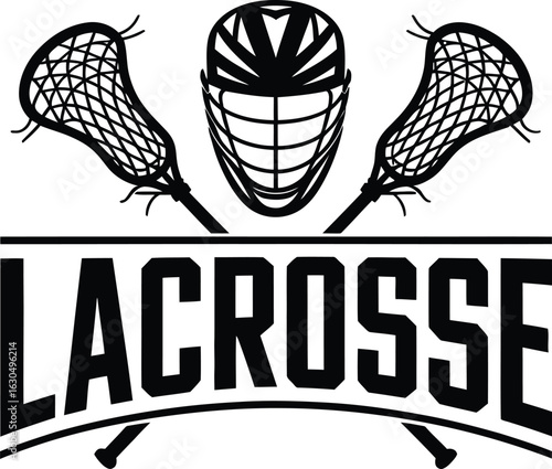 Monochrome vector illustration of a lacrosse sport emblem featuring a helmet and two crossed sticks. A bold graphic design for team logos, icons, or athletic branding, isolated on a white background.