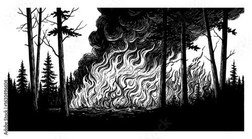 Burning Forest Fire with Dramatic Landscape and Smoke Black and White Outline Line Art Drawing
