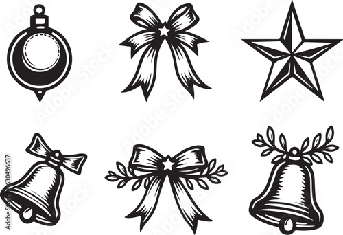 Festive holiday icons stars bows bells and baubles for design