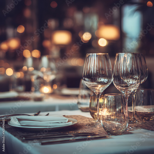 Elegant Dining Table Setup with Shimmering Glassware and Candles