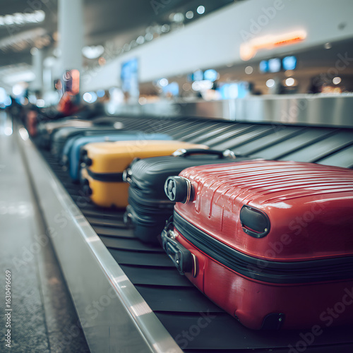 Colorful Luggage on Baggage Claim Carousel at Airport Terminal
