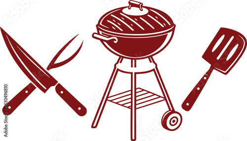 Barbecue Grill and Utensils in Burgundy cooking food