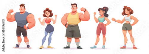 Diverse Group of Cartoon Athletes Showing Muscles Promoting Fitness and Healthy Lifestyle Cartoon Characters for Sport and Exercise Concepts