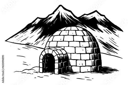 Traditional Igloo Eskimo House in Snowy Mountain Landscape Black and White Outline Line Art Drawing Vintage Style