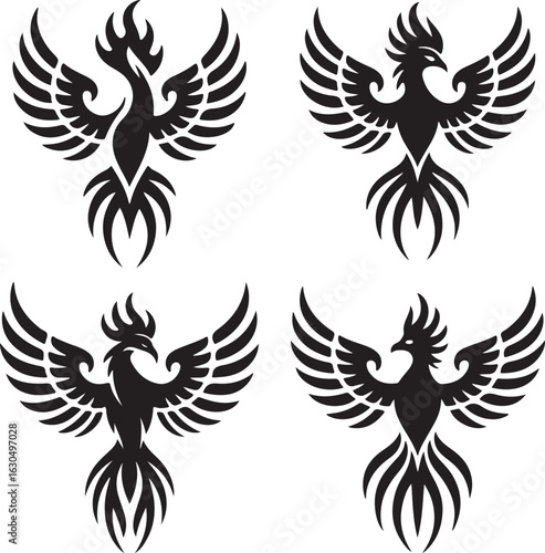 Tribal Phoenix Tattoo Vector Set — Stylized Wings, Firebird Silhouette, Mythical Flame Designs in Black