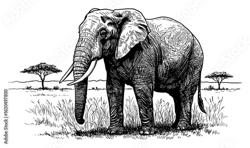 Large Elephant Standing in Savannah Landscape with Acacia Trees Black and White Outline Line Art Drawing 1
