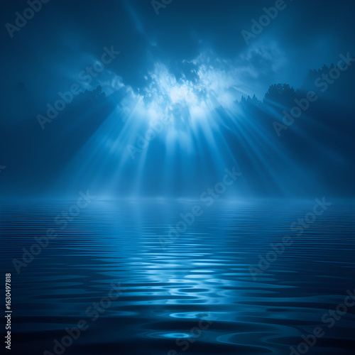 Mysterious blue light beams pierce through dark clouds illuminating the rippling ocean surface at night