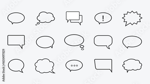 Speech Bubble Vector Icon Set – Talk, Chat, and Comment Balloons Collection in Line Art and Flat Style for Messaging Apps, Websites, Communication UI, and Social Media Design