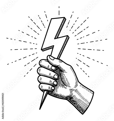 Hand Holding a Lightning Bolt with Sun Ray or Shining Effect Black and White Outline Line Art Drawing