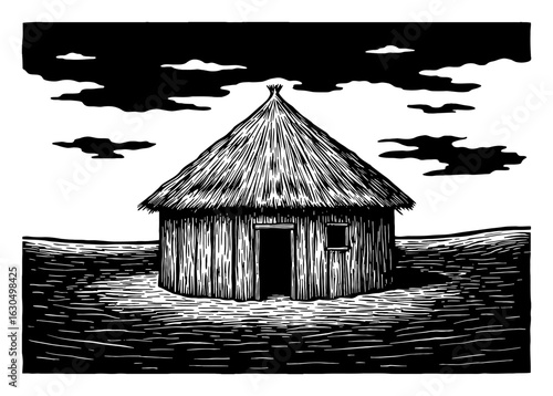 A Hut in a Desert Landscape with Clouds Above Black and White Outline Line Art Drawing
