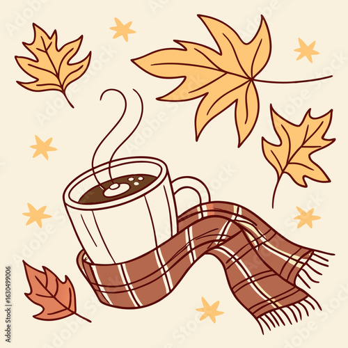 Cozy Autumn: A comforting illustration presents a warm beverage with a scarf, surrounded by fallen leaves and stars, perfect for the seasonal ambiance.