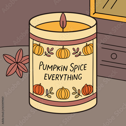 Pumpkin Spice Candle Still Life: A cozy illustration of a pumpkin spice candle with autumn elements, evoking warmth and the essence of the season.