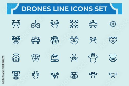 Drone and technology line new icons set. technology, transportation, radar, flying, camera, drone, and more.Vector illustration.