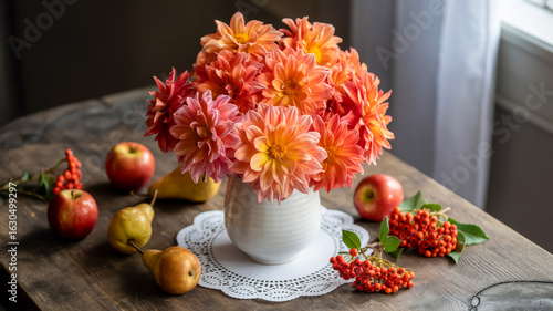 Wallpaper Mural Vibrant orange and pink dahlias in a white vase with apples and pears flowers Torontodigital.ca