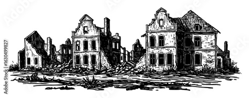 Empty Destroyed City Ruins After War Black and White Outline Line Art Drawing