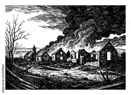 Burning Empty Village Ruin Dramatic Landscape Black and White Outline Line Art Drawing