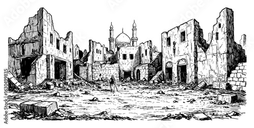 Empty Destroyed Arabian City Ruins After War with Mosque and Sole Figure Black and White Outline Line Art Drawing