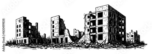 Empty Destroyed Modern City Ruins After War Black and White Outline Line Art Drawing Vector Illustration