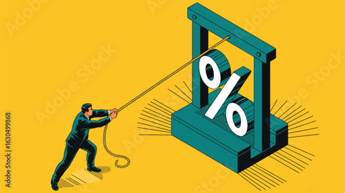 A businessman is pulling a rope to lower the interest rate under economic pressure