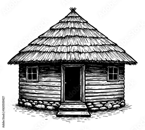 Rustic Round Hut Front View Black and White Outline Line Art Drawing Traditional Isolated House
