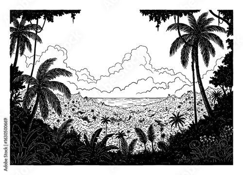Beautiful Tropical Jungle Landscape Overlooking Ocean Above Cloudsky Black and White Outline Line Art Drawing