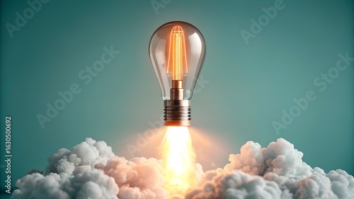 Lightbulb rocket blasts off through clouds symbolizing innovation and launch