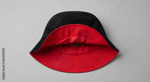 Stylish black bucket hat with a vibrant red reversible interior, isolated on a simple grey background for modern fashion concepts.